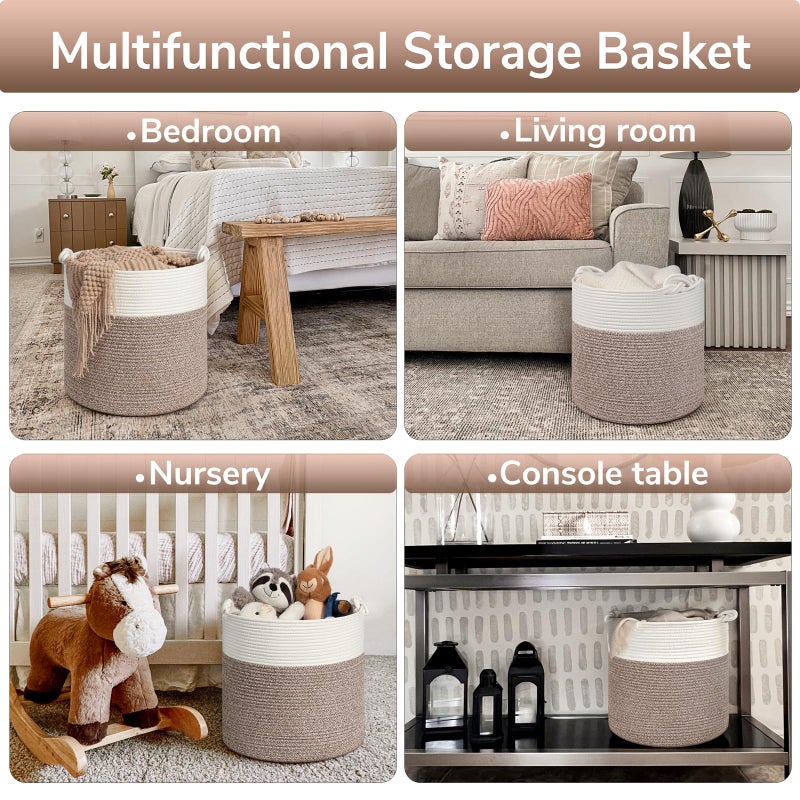 Goodpick Woven Laundry Basket, 15 x 14.2 Inches Cotton Rope Basket for Blankets, Soft Blanket Storage Baskets with Handles for Living Room, Woven Toy Storage Organizer for Nursery, Brown - Image 4